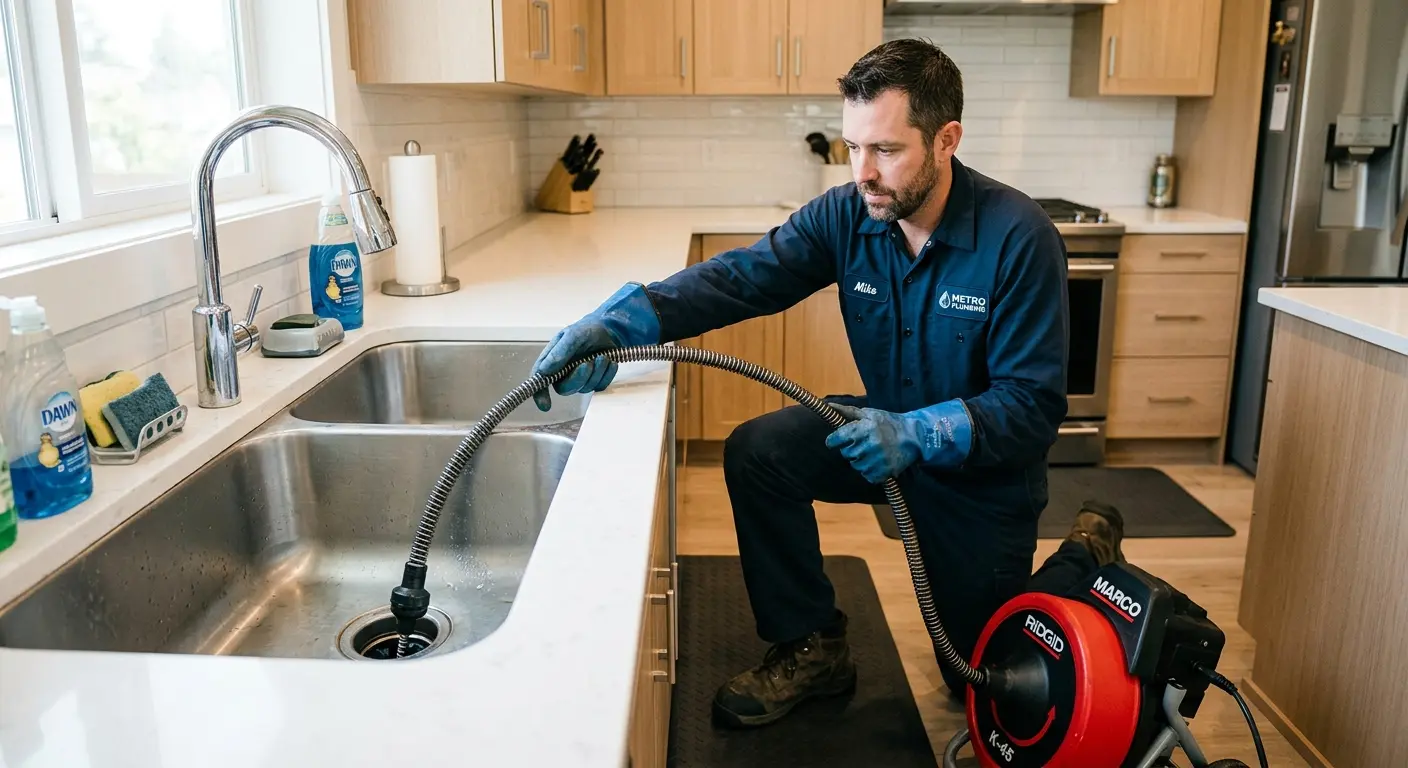 Drain cleaning technician using a motorized snake on a kitchen sink in Bostonia