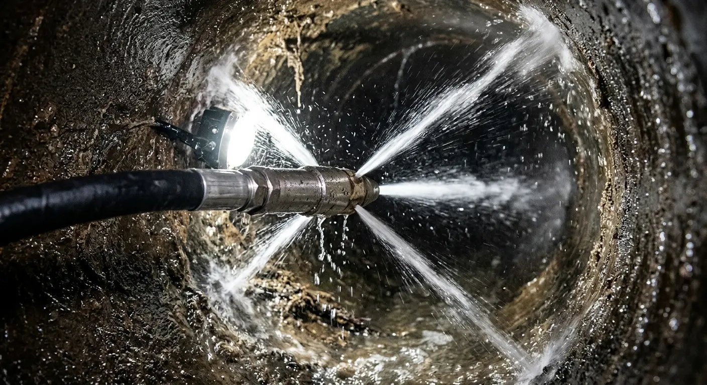 High-pressure hydro jetting nozzle cleaning sewer pipe for Storm Drain Cleaning in Bostonia