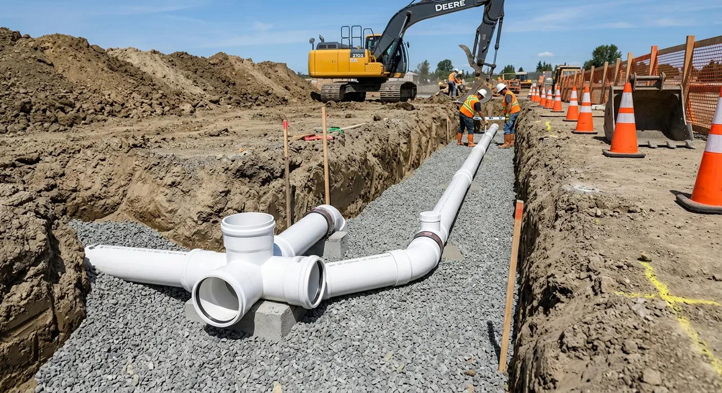 New PVC sewer pipe installation in open trench for Commercial Drain Cleaning in Bostonia