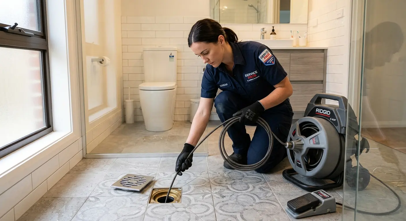 Technician clearing a bathroom floor drain for Hydro Jetting in Bostonia